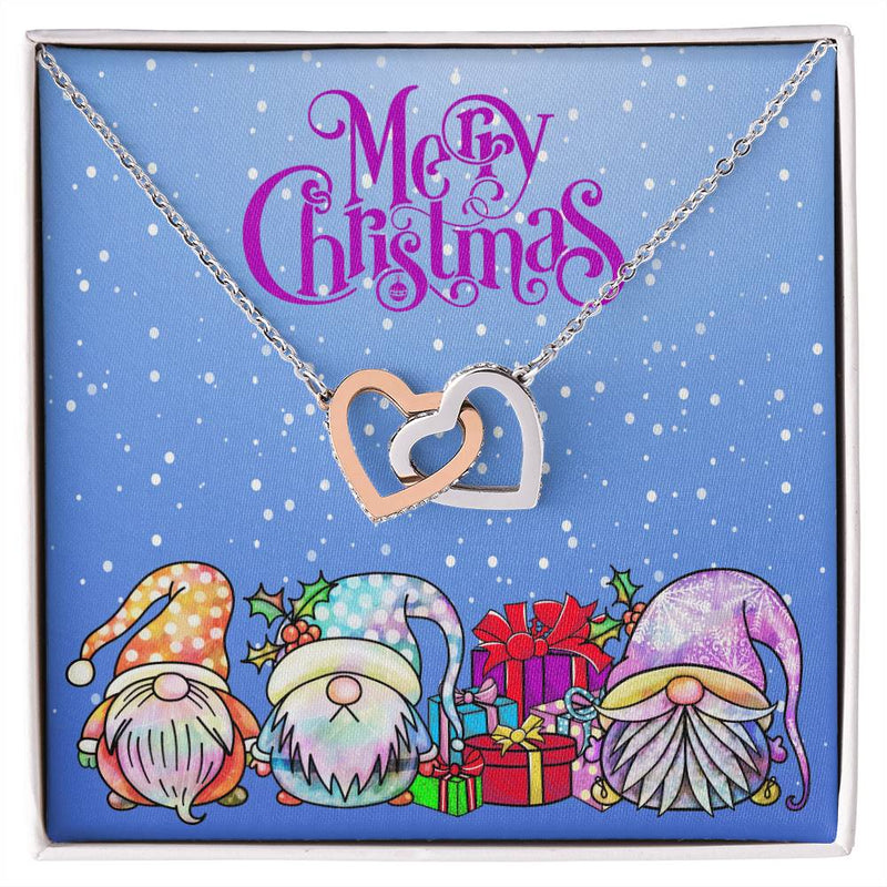 CZ Stainless Steel Heart Pendant, Christmas Gnome Interlocking Hearts Necklace, Holiday Winter Heart Jewelry, Romantic Xmas Present for Her