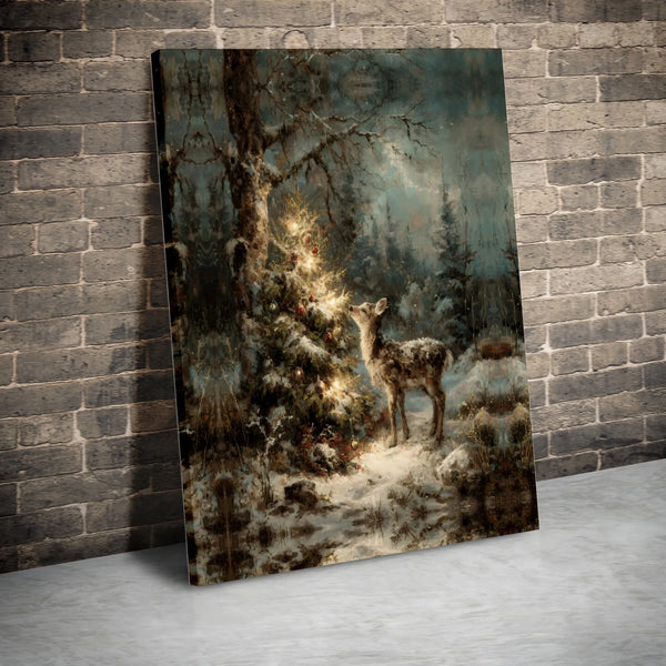 Winter Forest Fawn Canvas Print, Christmas Deer Canvas Wall Art, Lit Tree Deer Wall Decor, Holiday Canvas Art, Nature Lover C