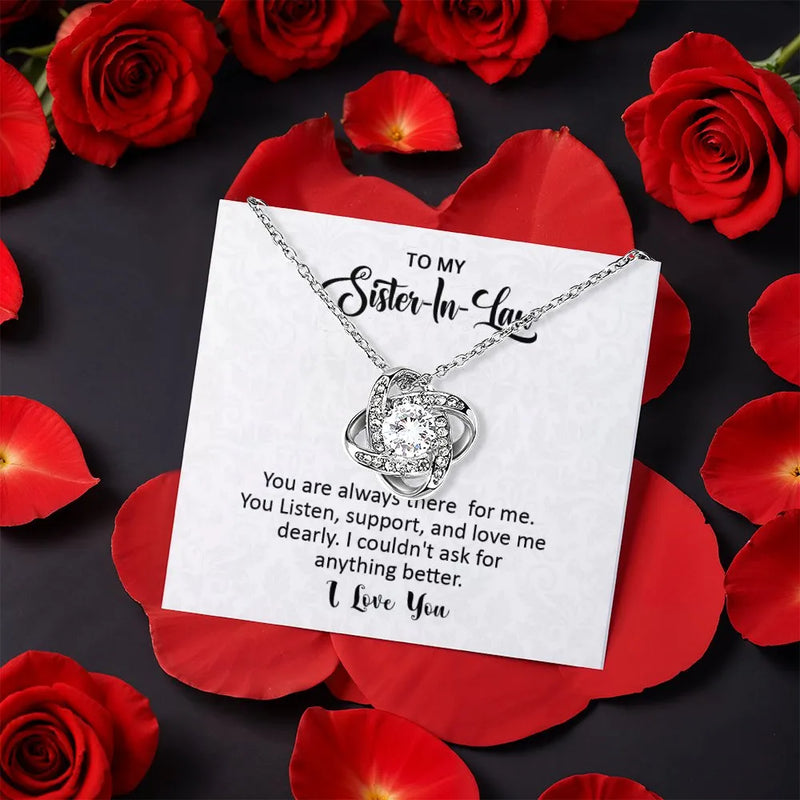 CZ Crystal Pendant Necklace, Sister-in-Law Love Knot Necklace, Rotating Rose Box Knot Necklace, Sister Jewelry, Birthday Christmas Present