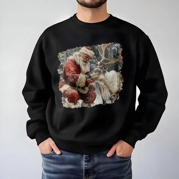 Vintage Christmas Crewneck, Santa and Reindeer Sweatshirt, Artistic Holiday Reindeer Sweater, Retro Xmas Sweatshirt, Winter H