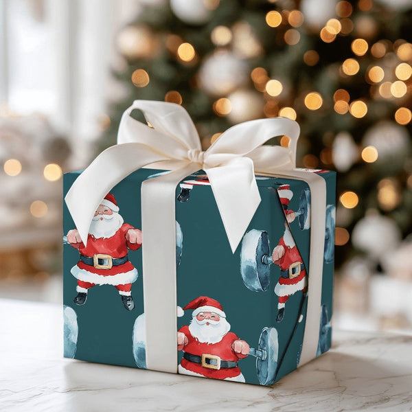 Dark Teal Gym Gift Wrap, Watercolor Weightlifting Santa Wrapping Paper, Bodybuilder Christmas Present Paper, Fitness Xmas Wra
