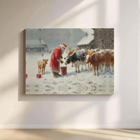 Snowy Farm Christmas Canvas Art, Santa Feeding Cows Canvas Print, Rustic Holiday Wall Decor, Winter Farmhouse Canvas, Country Xmas Present