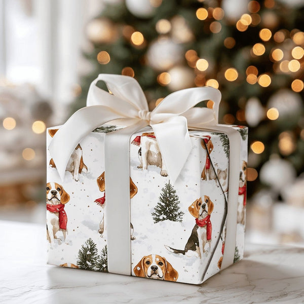 Festive Dog Holiday Wrapping Paper, Beagle Christmas Wrapping Paper, Winter Scarf Puppy Gift Wrap Roll, Beagle Gift Wrap, Dog