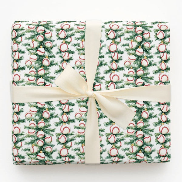 Sports Ornament Holiday Gift Wrap, Baseball Christmas Wrapping Paper, Pine Branch Baseball Wrapping Paper, Festive Sports Wra