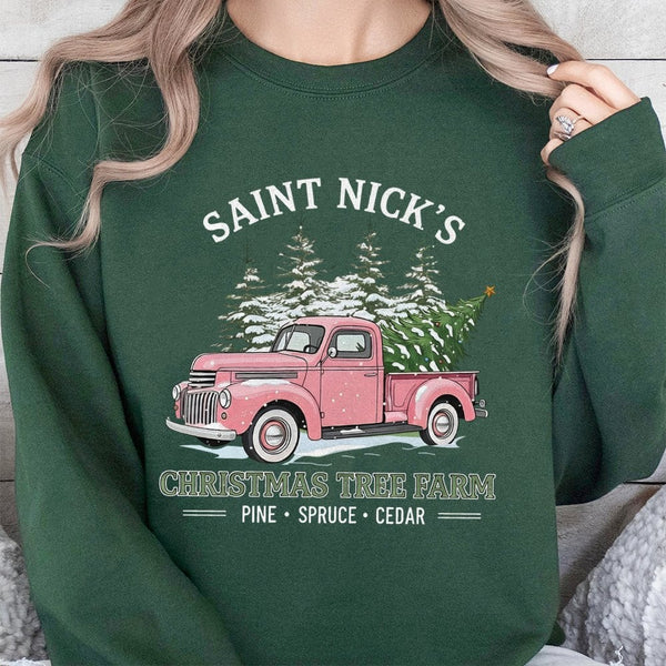 Vintage Pink Truck Sweatshirt, Saint Nicks Christmas Tree Farm Sweatshirt, Comfy Holiday Sweatshirt, Christmas Tree Farm Swea