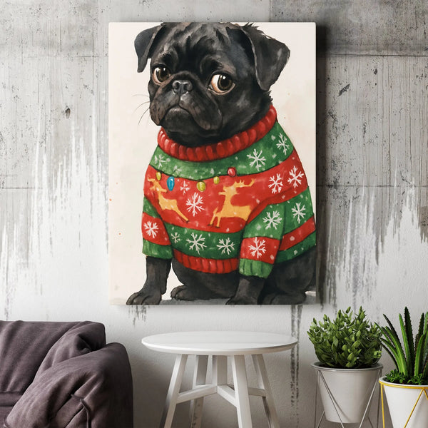 Ugly Sweater Pug Dog Canvas Print, Black Pug Christmas Canvas Wall Art, Holiday Pet Wall Decor, Adorable Christmas Animal Lov