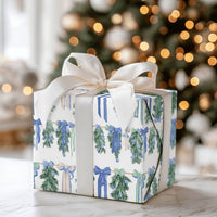 Blue Bows Christmas Gift Wrap, Watercolor Pine Garland Wrapping Paper, 90 GSM Fine Art Paper, Holiday Present Wrapping Paper Roll