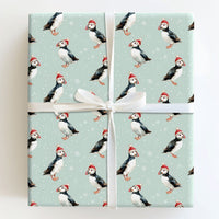 Santa Hat Bird Gift Wrap, Puffin Christmas Wrapping Paper, Watercolor Puffin Wrapping Paper, Coastal Holiday Gift Wrap, Xmas Present Wrap