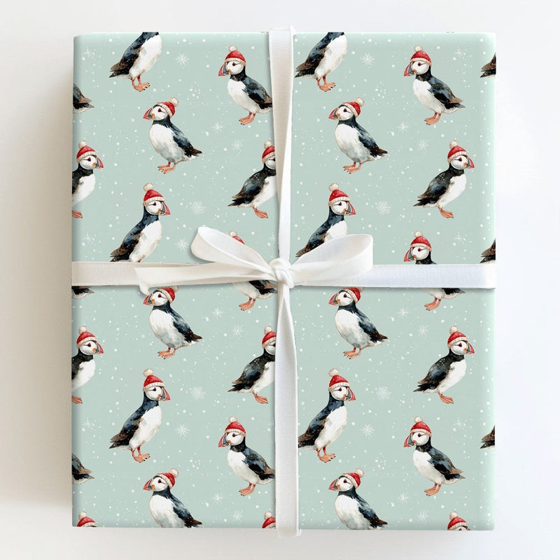 Santa Hat Bird Gift Wrap, Puffin Christmas Wrapping Paper, Watercolor Puffin Wrapping Paper, Coastal Holiday Gift Wrap, Xmas Present Wrap