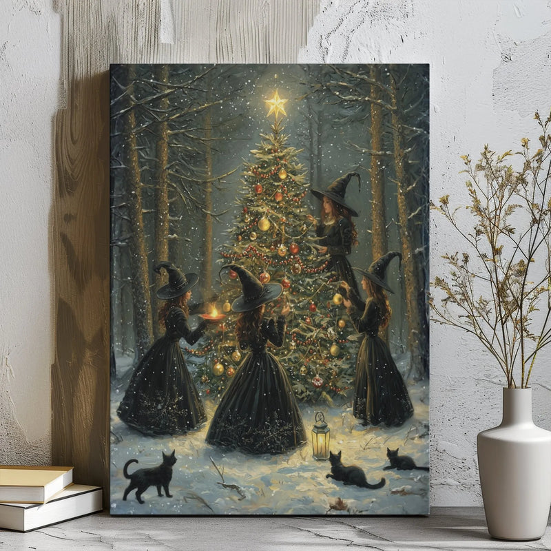 Gothic Holiday Canvas Wall Art, Witches Decorating Christmas Tree Canvas, Snowy Forest Witchy Canvas Print, Spooky Xmas Winter Home Decor