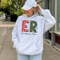 Emergency Room Holiday Graphic Hoodie, ER Nurse Christmas Hoodie, Festive Medical RN Hooded Sweatshirt, Doctor Christmas Present Hoodie