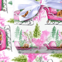Pink Sleigh Dog Gift Wrap, Dachshund Christmas Wrapping Paper, Watercolor Weiner Dog Wrapping Paper, Festive Puppy Holiday Gift Wrap Roll