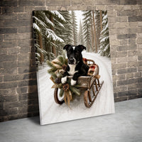 Winter Dog in Sleigh Wall Art, Christmas Dog Sled Canvas, Snowy Forest Dog Canvas Print, Rustic Holiday Dog Wall Decor, Dog Lover Present