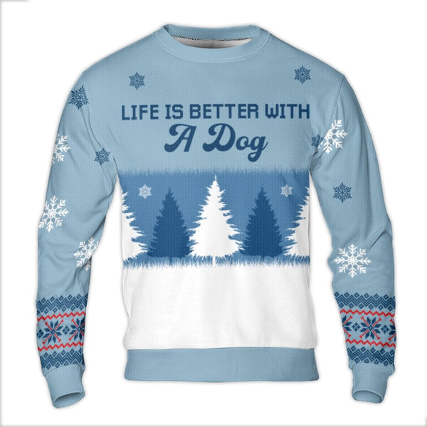 Winter Forest Dog Lover Crewneck, Life Is Better with a Dog Ugly Christmas Sweater, Snowy Canine Holiday Sweatshirt Present
