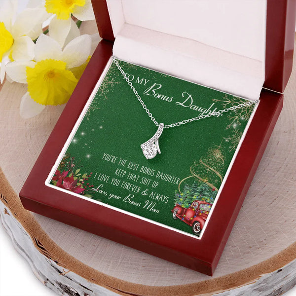 Dainty Cubic Zirconia Ribbon Necklace, Bonus Daughter Necklace, Bonus Daughter Pendant, Christmas Present from Bonus Mom, Ste