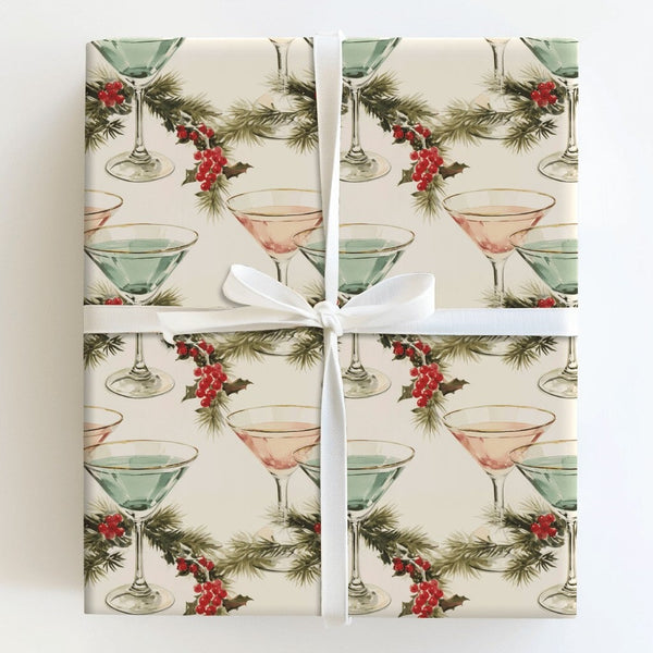 Pink and Teal Cocktail Gift Wrap, Christmas Martini Wrapping Paper, Retro Holiday Drinks Wrapping Paper, Festive Pine and Hol