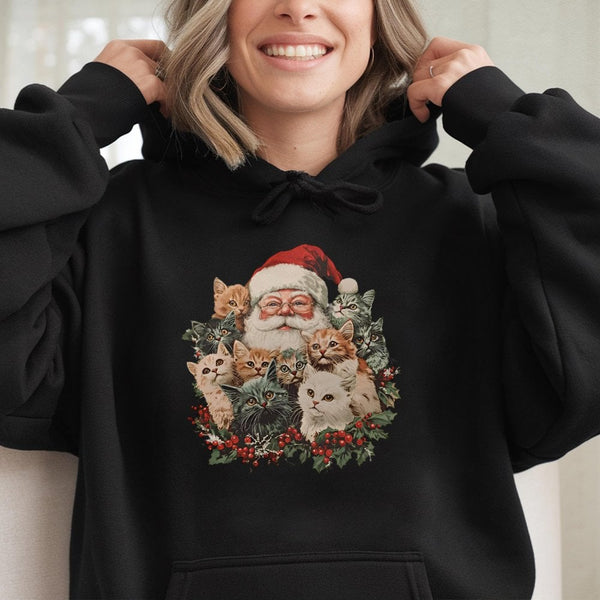 Retro Christmas Cat Lover Sweatshirt, Santa Claus and Kittens Hoodie, Vintage Santa Kitten Graphic Pullover, Adorable Holiday