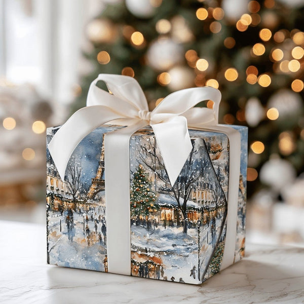 Watercolor Eiffel Tower Gift Wrap, Paris Christmas Wrapping Paper, French Holiday Scene Wrapping Paper, Parisian Winter Gift 