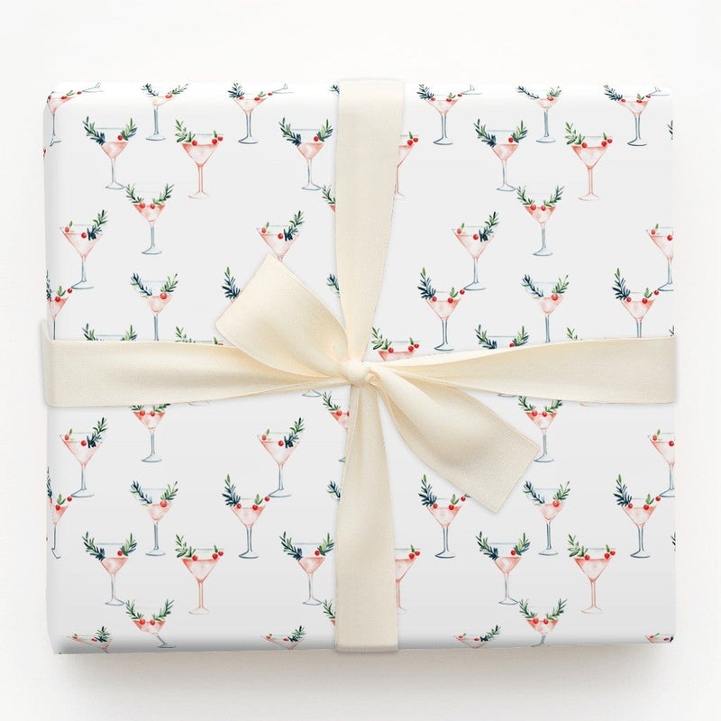 Watercolor Holiday Cocktail Gift Wrap, Pink Martini Christmas Wrapping Paper, Chic Winter Party Wrapping Paper, Elegant Xmas Gift Wrap Roll