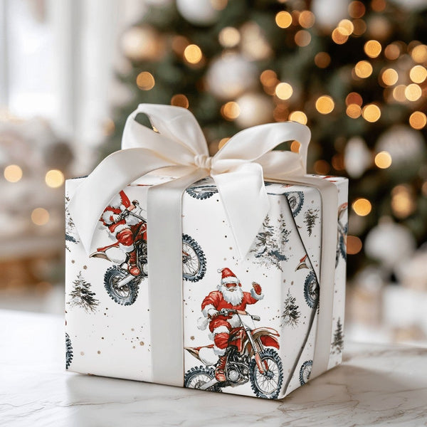 Dirt Bike Santa Tricks Gift Wrap, Motocross Santa Christmas Wrapping Paper, Winter Motorcycle Wrapping Paper, Biker Holiday G