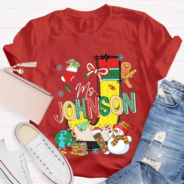 Custom Name Snowman Shirt, Personalized Christmas T-Shirt, Colorful Font Holiday Graphic Tee, Personalized Family Christmas T