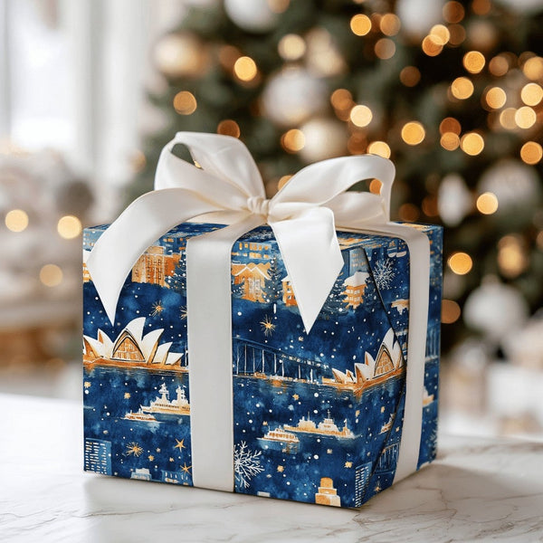 Opera House Skyline Gift Wrap, Sydney Christmas Wrapping Paper, Australian Harbour Bridge Wrapping Paper, Navy Blue Holiday G