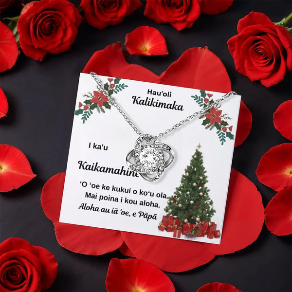 Hauoli Kalikimaka Daughter Present, Hawaiian Christmas Love Knot Necklace, CZ Crystal Pendant Necklace, Tropical Holiday Jewe
