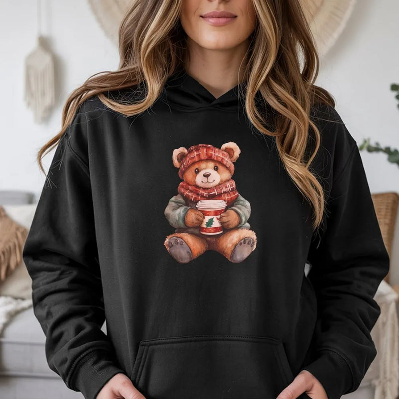 Adorable Holiday Coffee Teddy Hooded Sweatshirt, Christmas Bear Hoodie, Comfy Winter Bear Hoodie, Festive Teddy Bear Sweatshirt