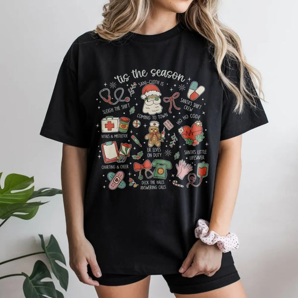 Medical Holiday Icons Graphic Tee, Nurse Christmas T-Shirt, Adorable Healthcare Worker Shirt, RN Christmas Tree Tee, Hospital