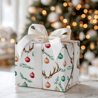 Rustic Holiday Ornament Gift Wrap, Deer Antler Christmas Wrapping Paper, Farmhouse Woodland Wrapping Paper, Festive Winter Gift Wrap Roll
