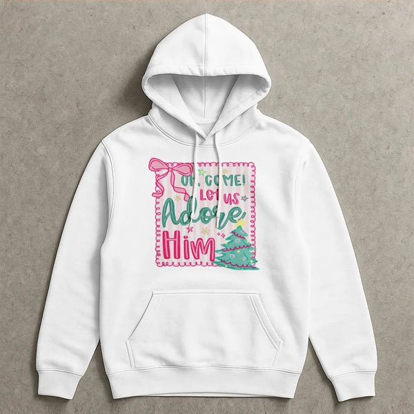 Pink Coquette Christmas Hoodie, Oh Come Let Us Adore Him Hoodie, Retro Christian Holiday Sweatshirt, Adorable Religious Faith