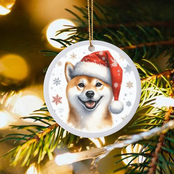 Santa Hat Dog Ceramic Ornament, Smiling Shiba Inu Christmas Ornament, Adorable Puppy Tree Ornament, Holiday Pet Keepsake, Pre