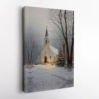 Snowy Lit Tree Holiday Wall Art, Winter Christmas Church Canvas Print, Rustic Country Church Scene, Festive Canvas Decor
