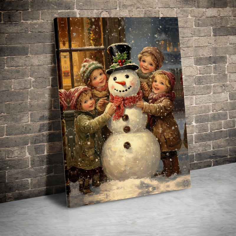 Victorian Snowman Children Canvas Print, Vintage Christmas Wall Art, Nostalgic Winter Holiday Canvas Art, Festive Christmas Home Present