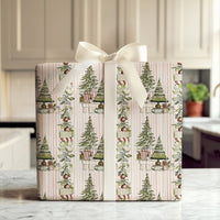 Watercolor Tree Stocking Gift Wrap, Pink Striped Christmas Wrapping Paper, Adorable Pastel Holiday Wrapping Paper, Girly Xmas Present Packaging