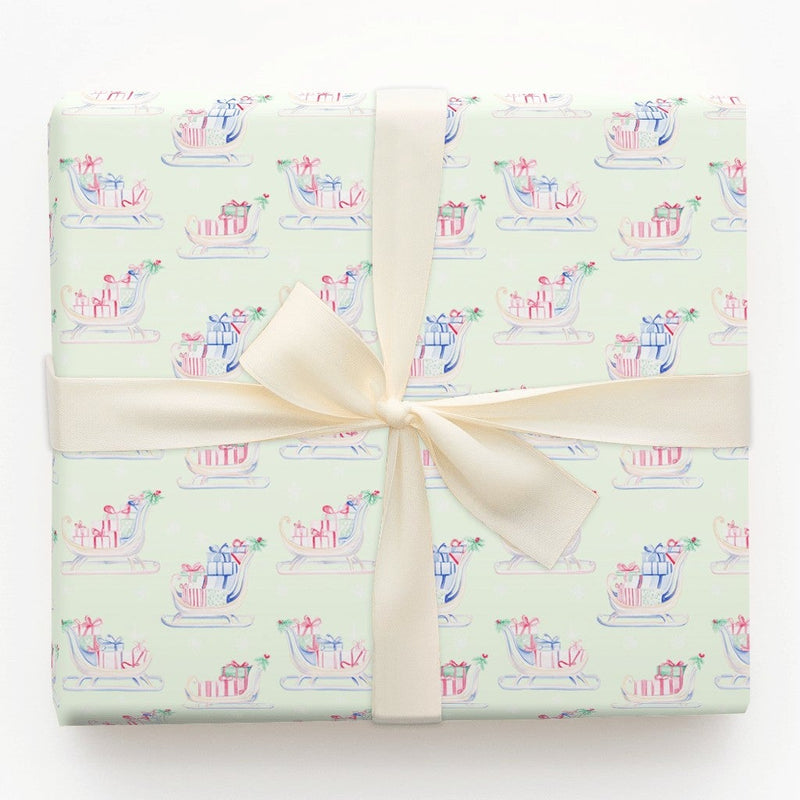 Pastel Christmas Sleigh Gift Wrap, Watercolor Sleigh Wrapping Paper, Holiday Presents Wrapping Paper, Winter Present Packaging Paper Roll