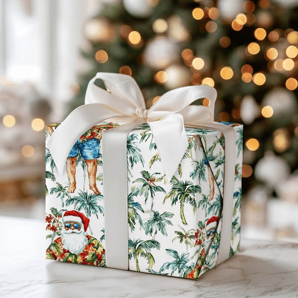 Hawaiian Beach Santa Gift Wrap, Tropical Santa Wrapping Paper, Christmas Wrapping Paper Roll, Coastal Holiday Gift Wrap, Summ