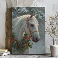 Christmas Holly Wreath Horse Print, White Horse Canvas Wall Art, Winter Farmhouse Horse Art Digital Download, Rustic Holiday Animal Decor