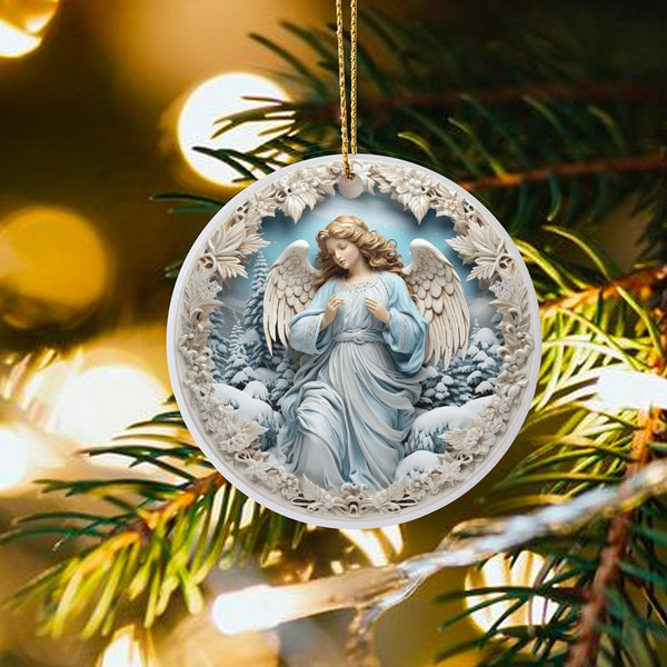 Snowy Winter Landscape Ceramic Keepsake, Guardian Angel Christmas Ornament, Religious Holiday Tree Decor