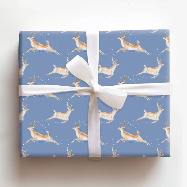 Leaping Deer Holiday Gift Wrap, Watercolor Reindeer Wrapping Paper, Starry Blue Winter Paper, Whimsical Christmas Wrapping Pa