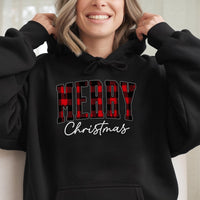 Buffalo Plaid Red Text Graphic Hooded Sweatshirt, Merry Christmas Hoodie, Comfy Holiday Winter Pullover, Festive Xmas Present for Her Him
