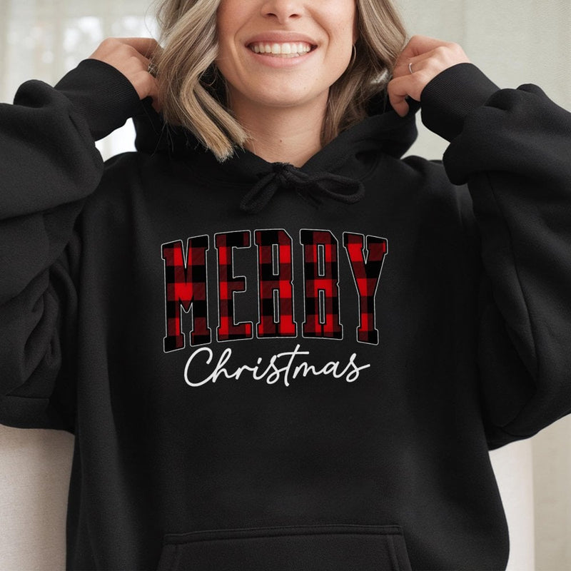 Buffalo Plaid Red Text Graphic Hooded Sweatshirt, Merry Christmas Hoodie, Comfy Holiday Winter Pullover, Festive Xmas Present for Her Him