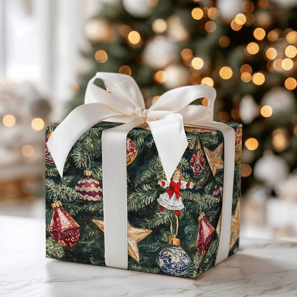Traditional Ornament Holiday Gift Wrap, Vintage Christmas Tree Wrapping Paper, Angel Bauble Wrapping Paper, Nostalgic Gift Wr