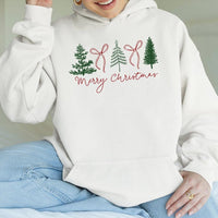 Festive Pine Tree Sweatshirt, Minimalist Pine Tree and Bow Merry Christmas Hoodie, Comfy Christmas Hoodie, Winter Holiday Hooded Pullover