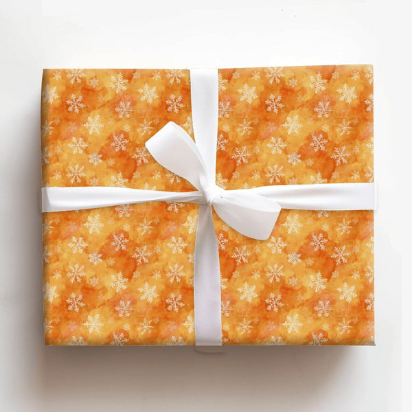 Watercolor Winter Gift Wrap, Orange Snowflake Wrapping Paper, Golden Yellow Holiday Wrapping Paper, Warm Festive Christmas Wr
