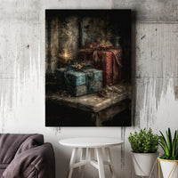 Vintage Oil Candlelight Present Print, Christmas Still Life Canvas Wall Art, Festive Holiday Canvas Art, Digital Download Decor