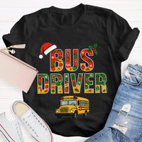 Santa Hat Bus Driver Graphic Tee, School Bus Driver Christmas T-Shirt, Humorous Holiday Driver Shirt, Transportation Staff Xmas Present