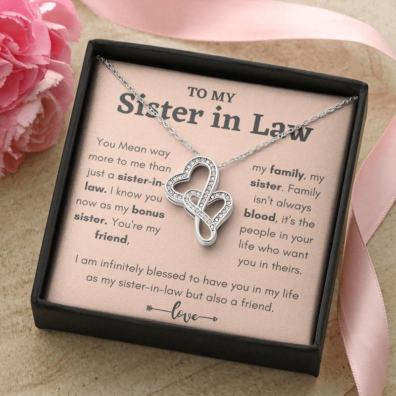 Interlocking Hearts Pendant, Sister in Law Double Heart Necklace, 14K White Gold Over Stainless Steel Birthday Christmas Jewelry Present