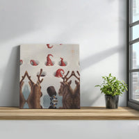 Whimsical Holiday Painting, Christmas Gnomes and Reindeer Square Canvas, Winter Stretched Canvas Print, Adorable Festive Wall Art Decor Present
