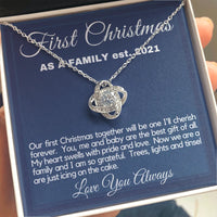 New Mom Crystal Pendant Necklace, First Christmas as a Family Love Knot Necklace, 14k White Gold Over Stainless Steel Wife Present